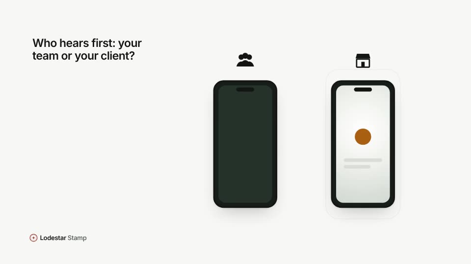 Still from the video: Who hears first: your team or your client? Two phones, one for your team and one for a client location.