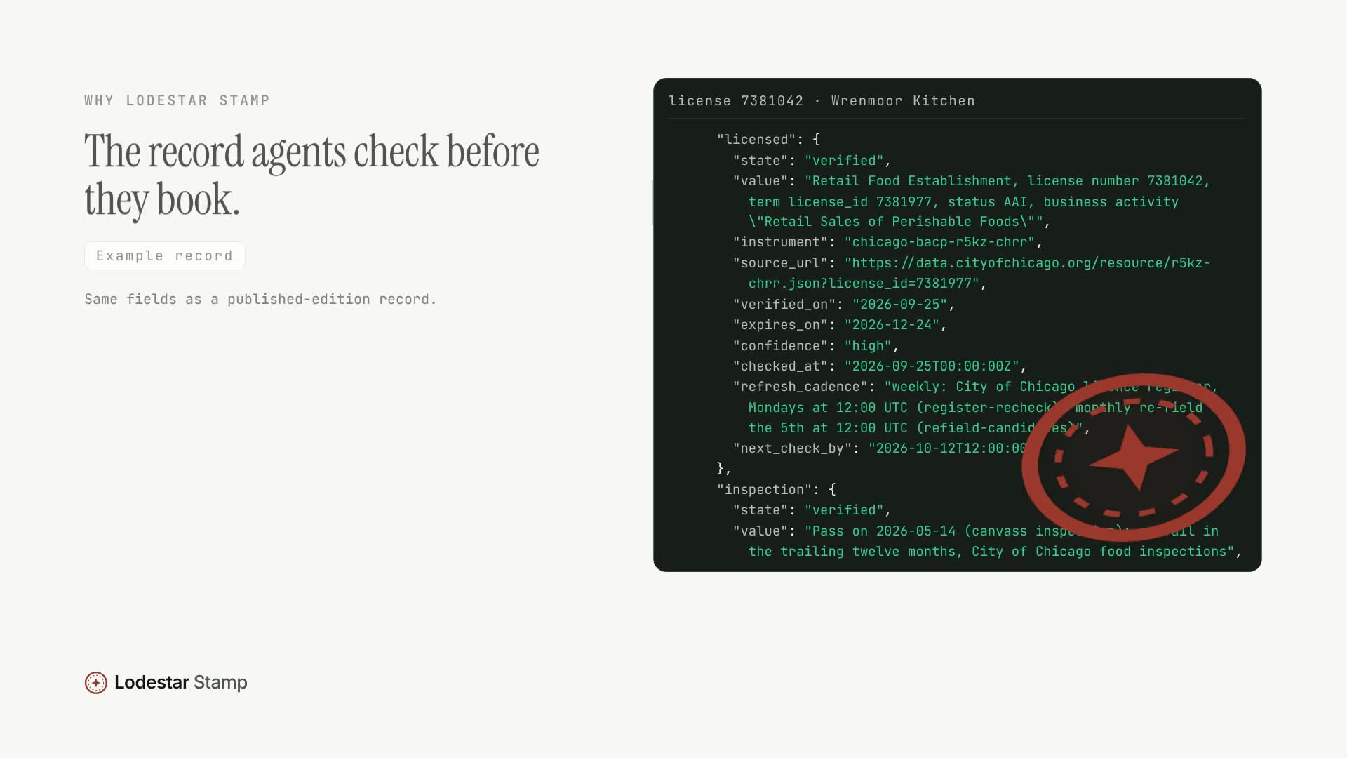 Still from the video: The record agents check before they book. An Example record in JSON for license 7381042, Wrenmoor Kitchen, with the Lodestar Stamp mark on it.